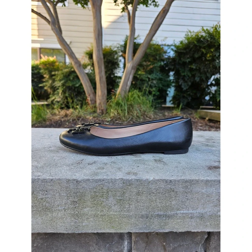 Tory Burch Lowell‎ II Ballet Flat 7M Black Leather Logo Classic Chic Capsule ~